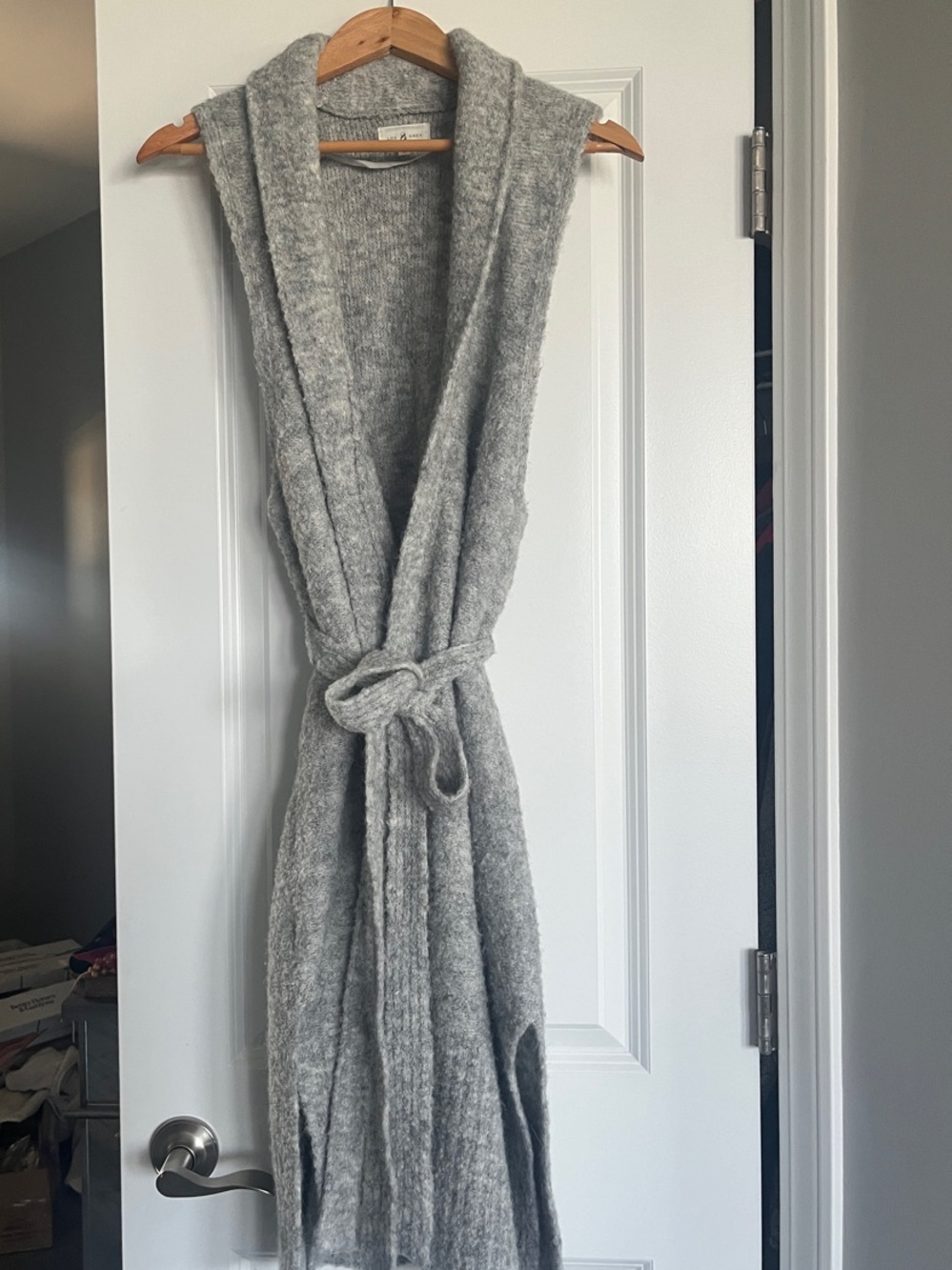 Lou & Grey Gray Longline Sleeveless Belted Open Front Cardigan Sweater Vest Med.